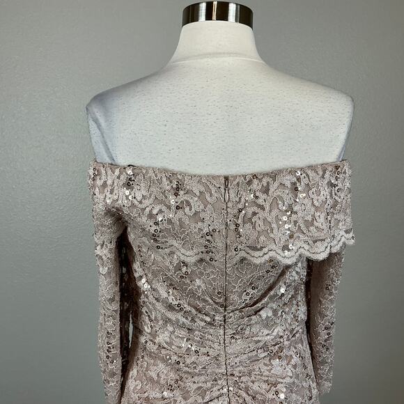 Vince Camuto Sequin Lace Off the Shoulder Evening Gown Gold Size 6 Formal Dress - Picture 8 of 13